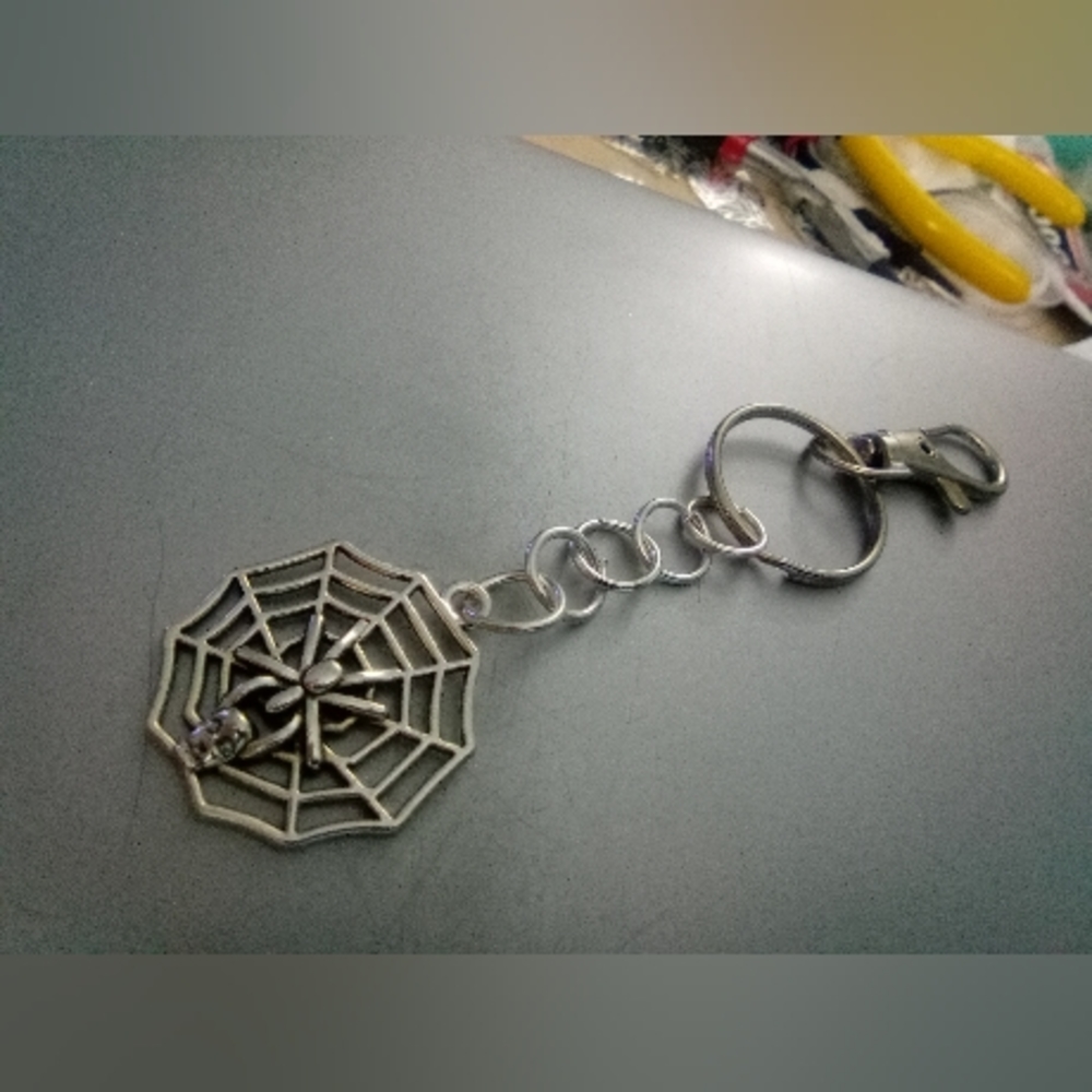 Silvery Spider Web and Skull Keychain